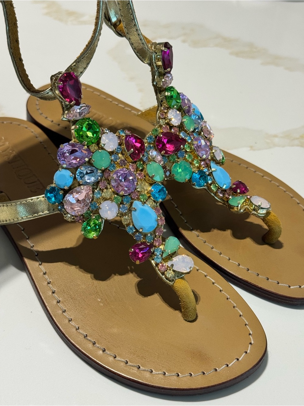 Mystique Embellished Multi-Color Gemstone T-Strap Sandals - Women